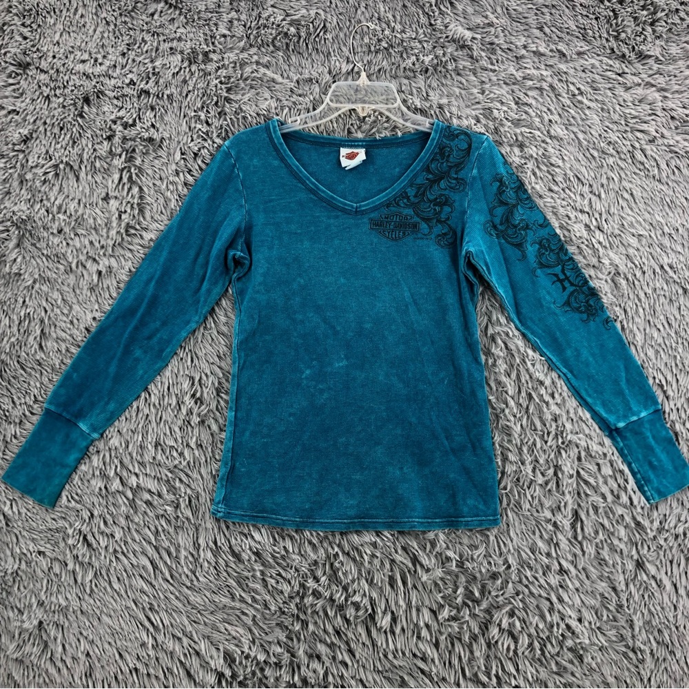 Harley Davidson Shirt Womens Medium Vneck Waffleknit Tye Dye Long Sleeve Texas